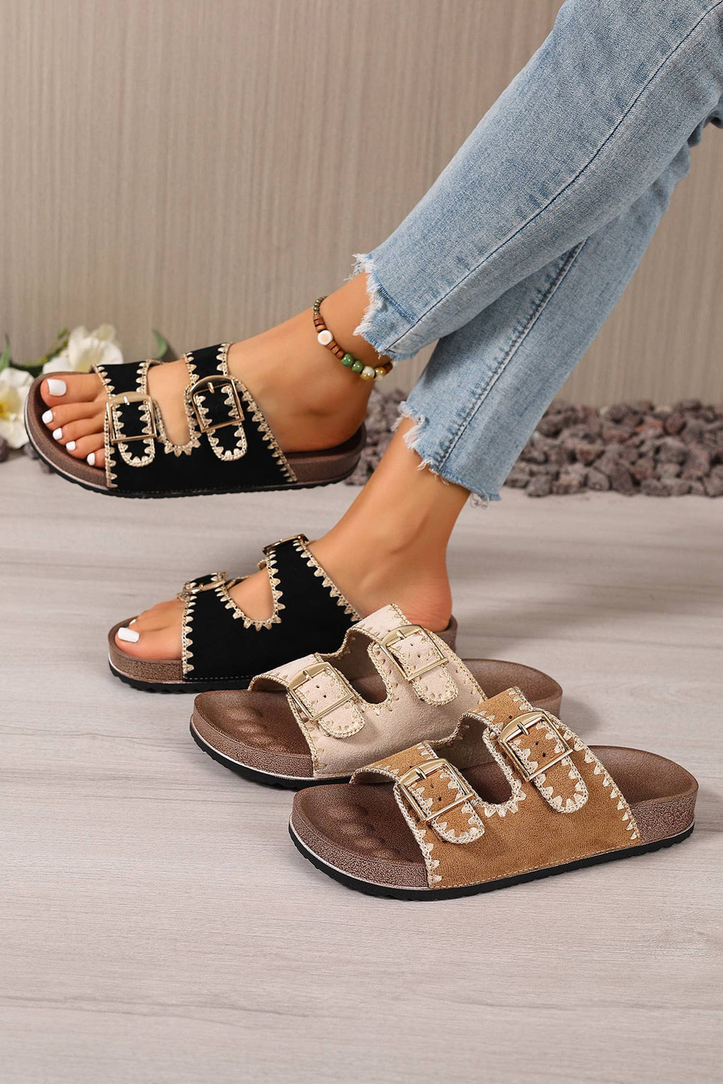 Embroidered Trim Retro Buckle Faux Suede Slippers