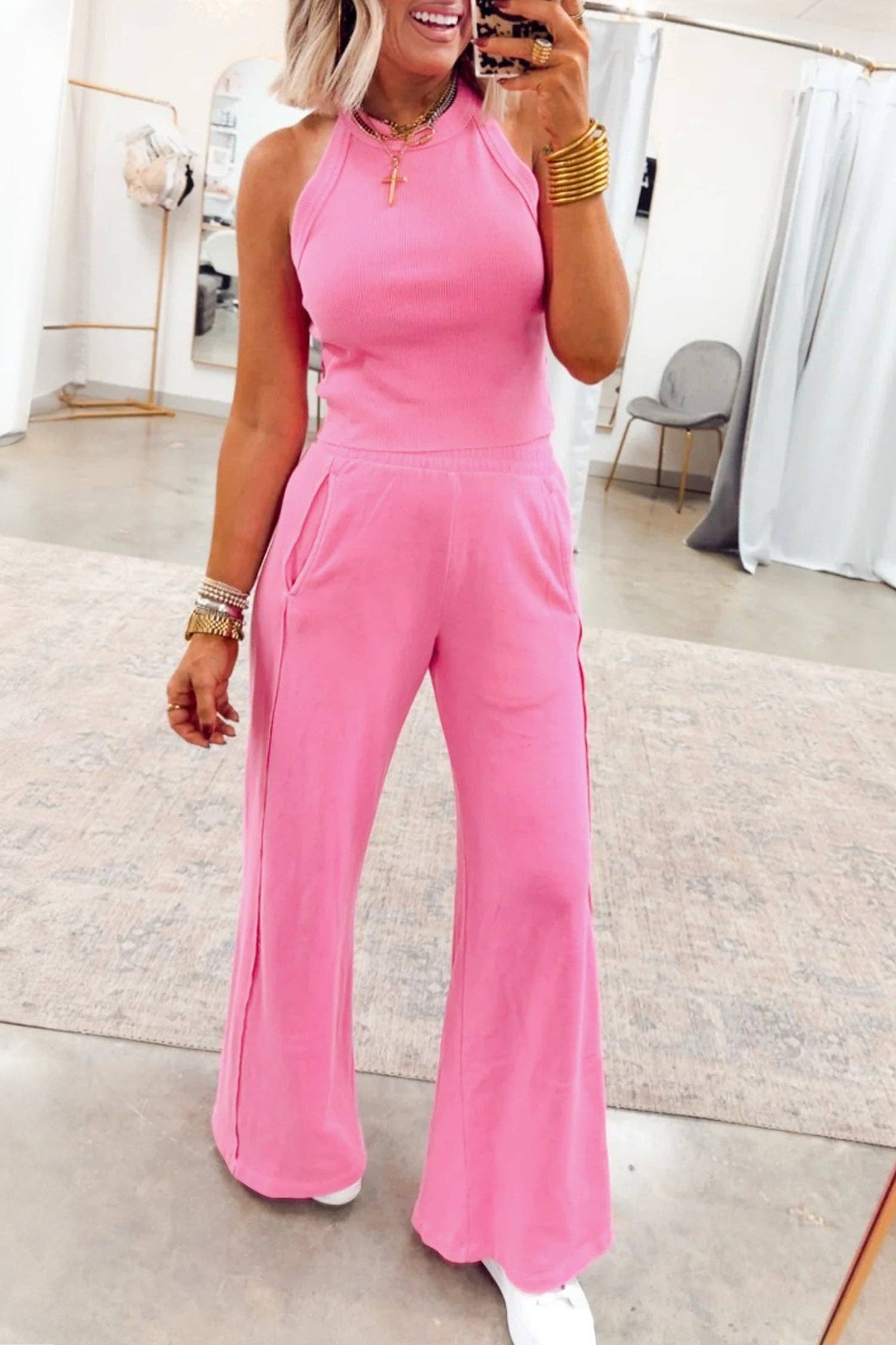 Ribbed Tank and Wide Leg Pants Lounge Set