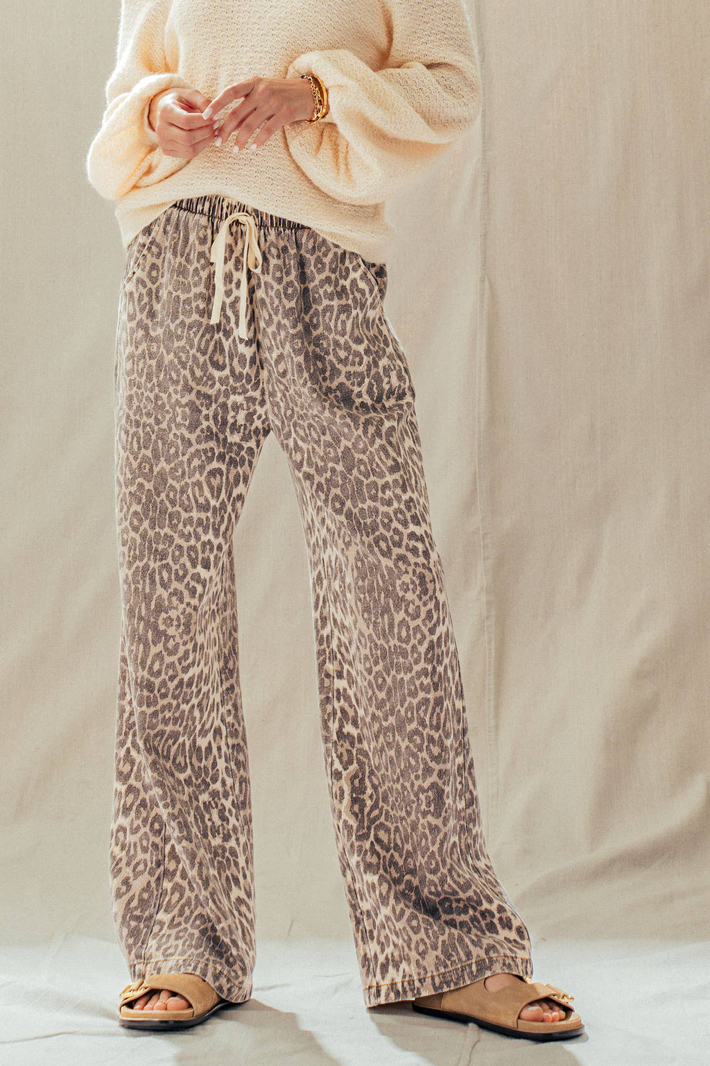 Leopard Print Wide Leg Drawstring Pants