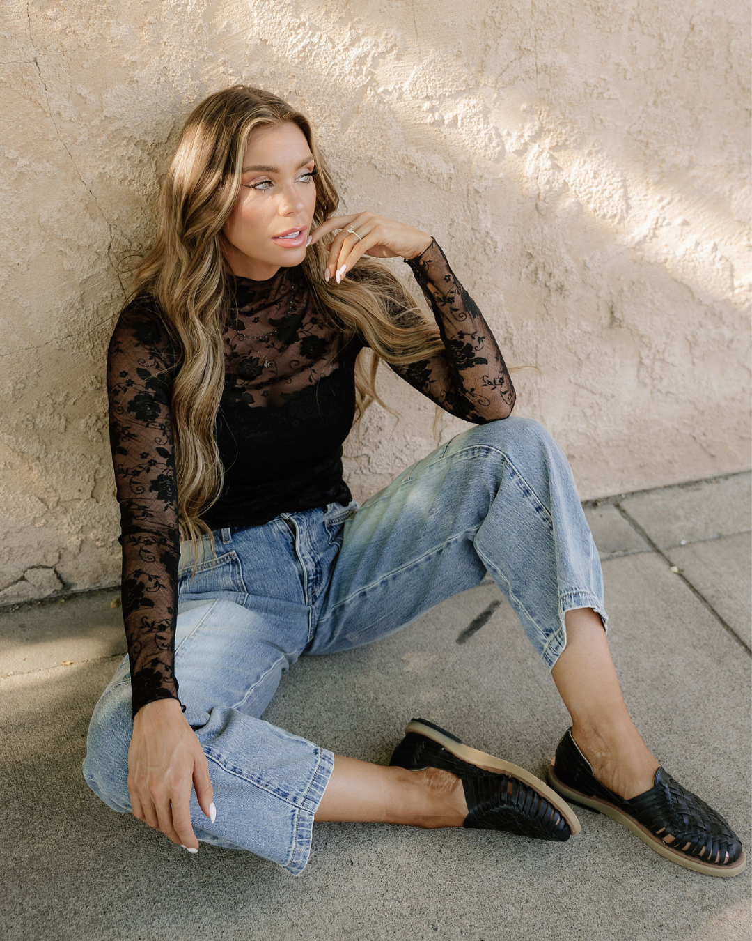 Black Sheer Floral Lace Blouse