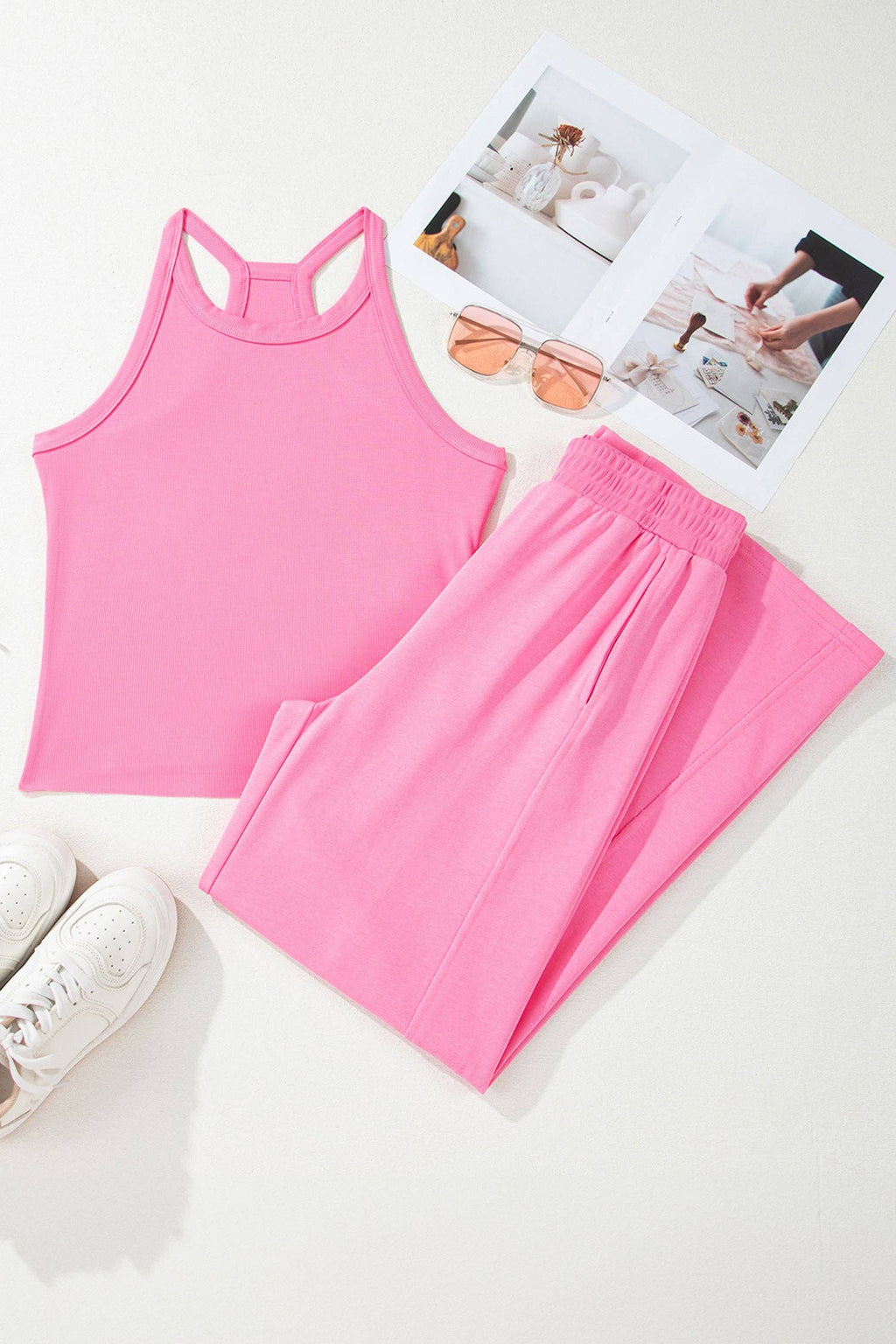 Ribbed Tank and Wide Leg Pants Lounge Set