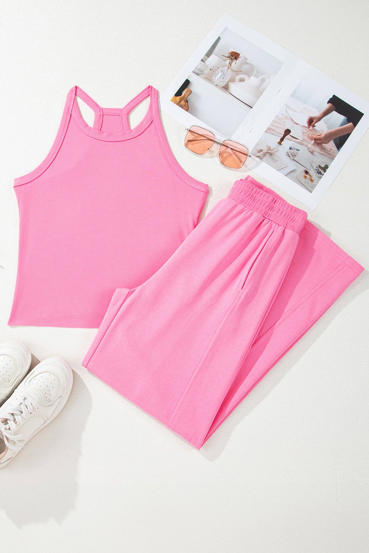 Ribbed Tank and Wide Leg Pants Lounge Set