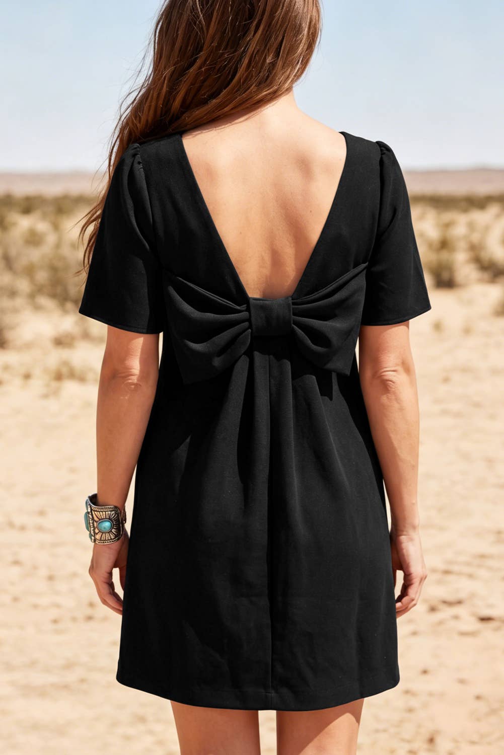Bow Decor Backless Short Sleeve Shift Mini Dress