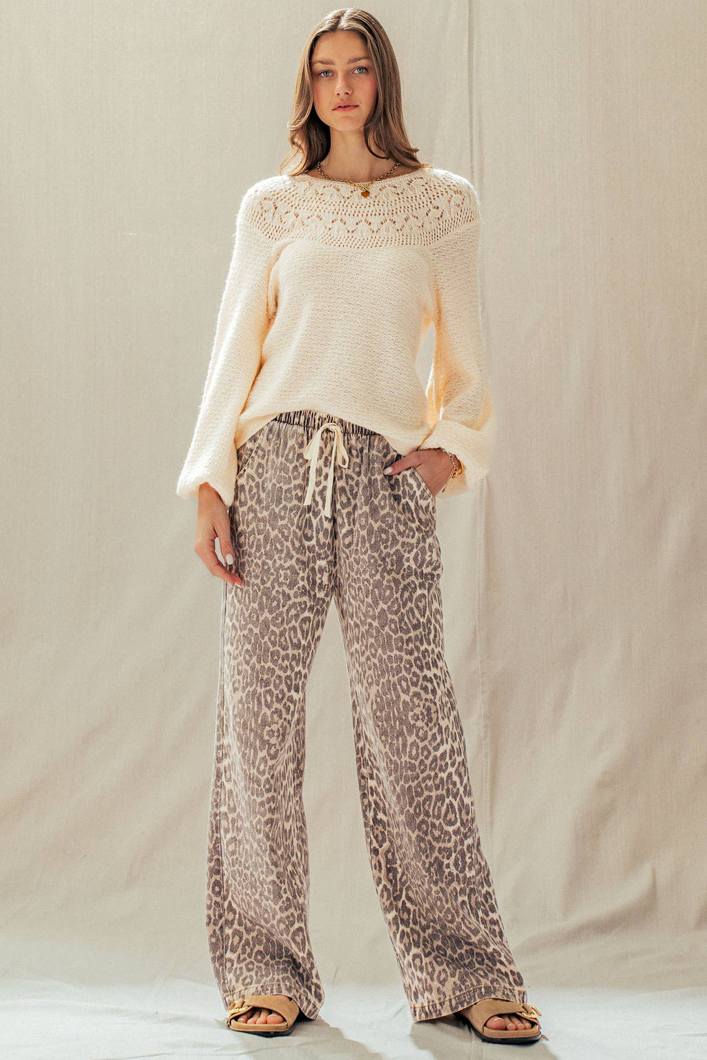Leopard Print Wide Leg Drawstring Pants