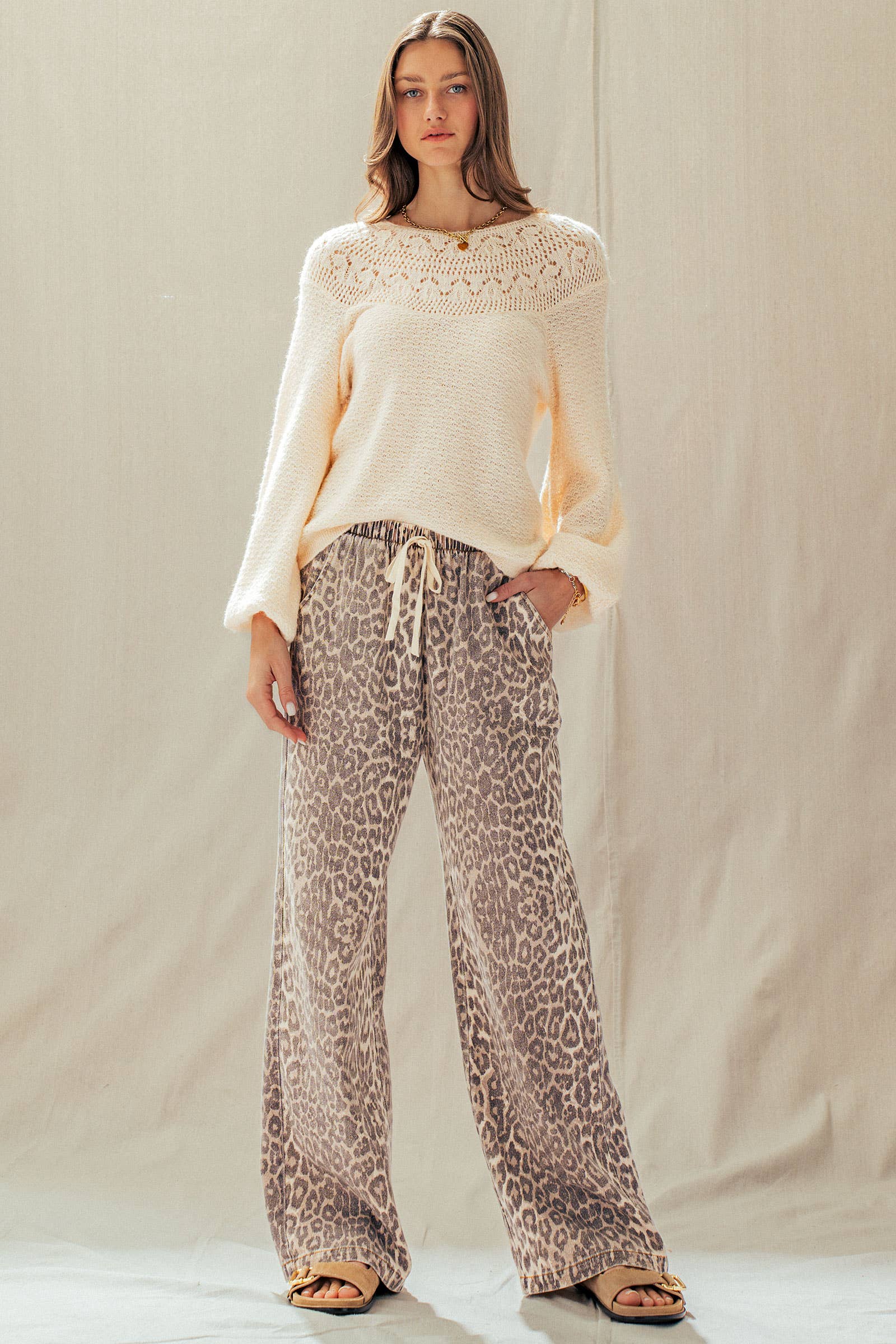 Leopard Print Wide Leg Drawstring Pants