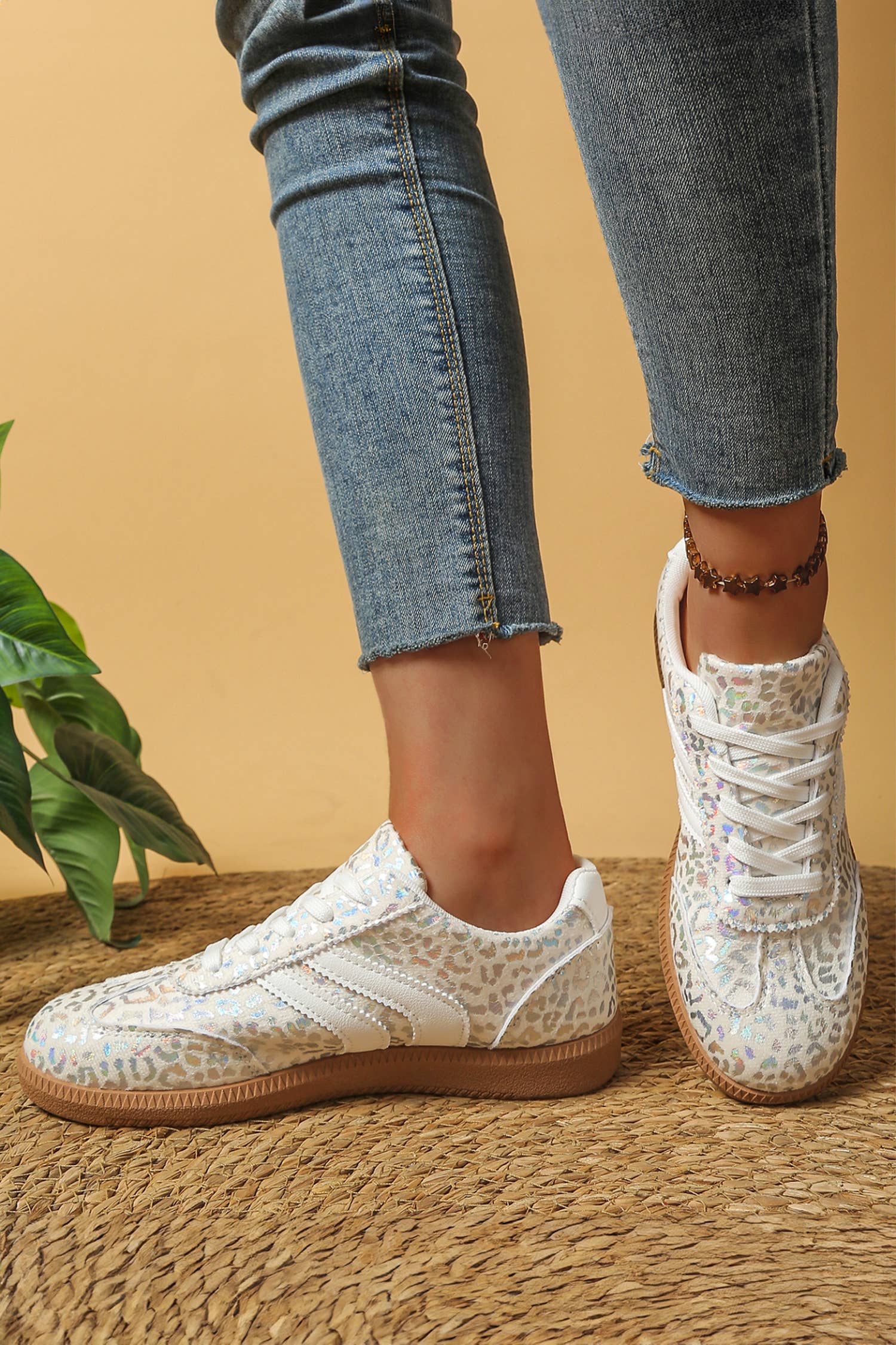 PU Leather Shimmer Leopard  Lace-up Sneakers