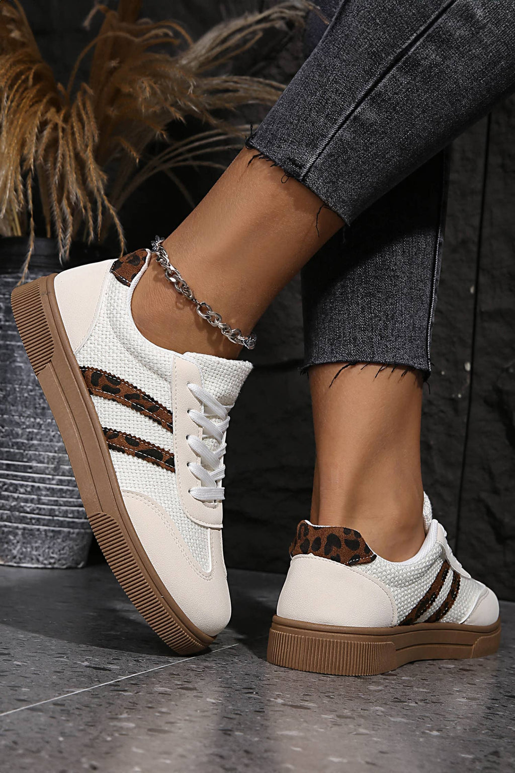 Leather Leopard Patchwork Flat Sneakers