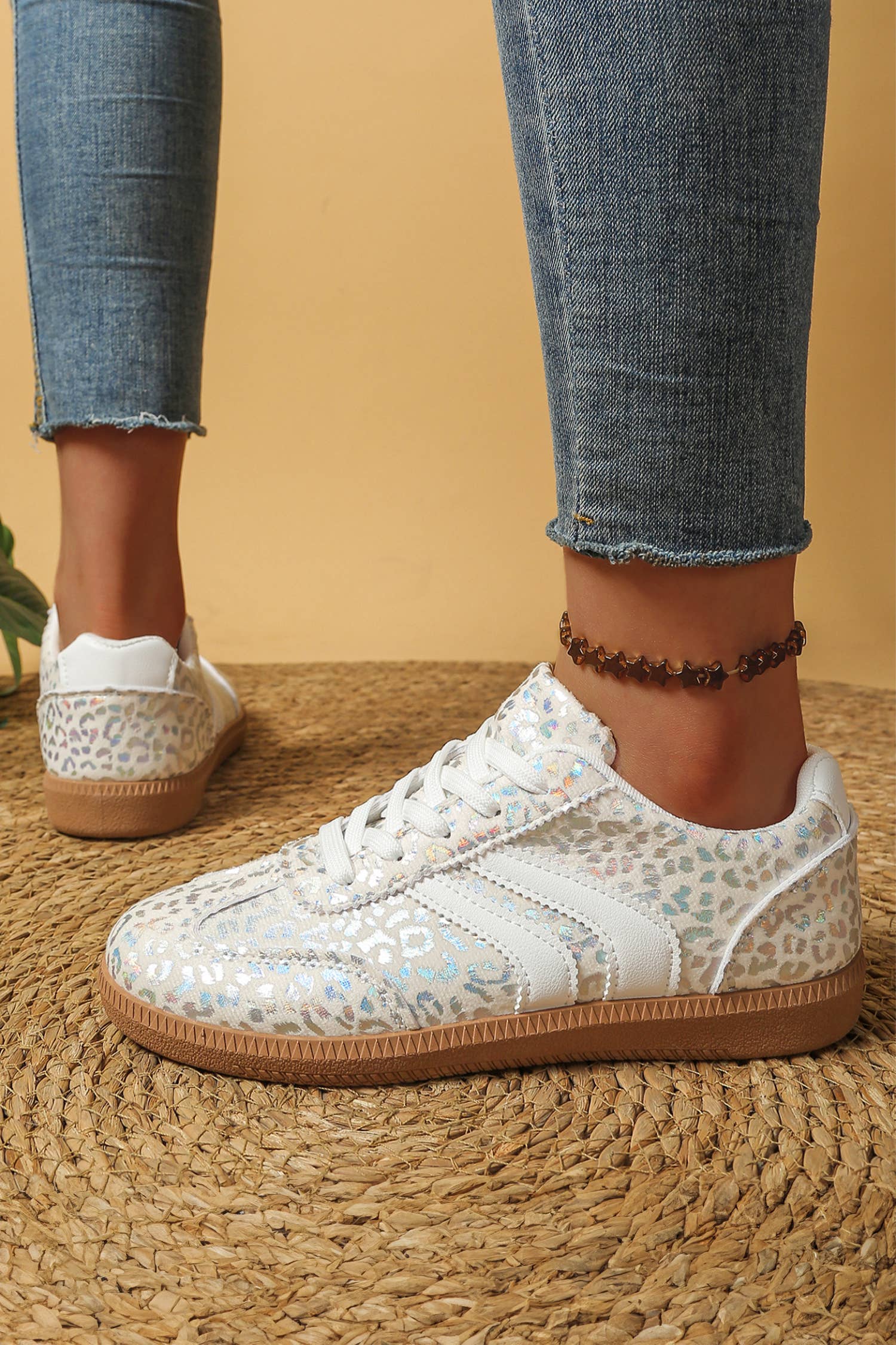 PU Leather Shimmer Leopard  Lace-up Sneakers