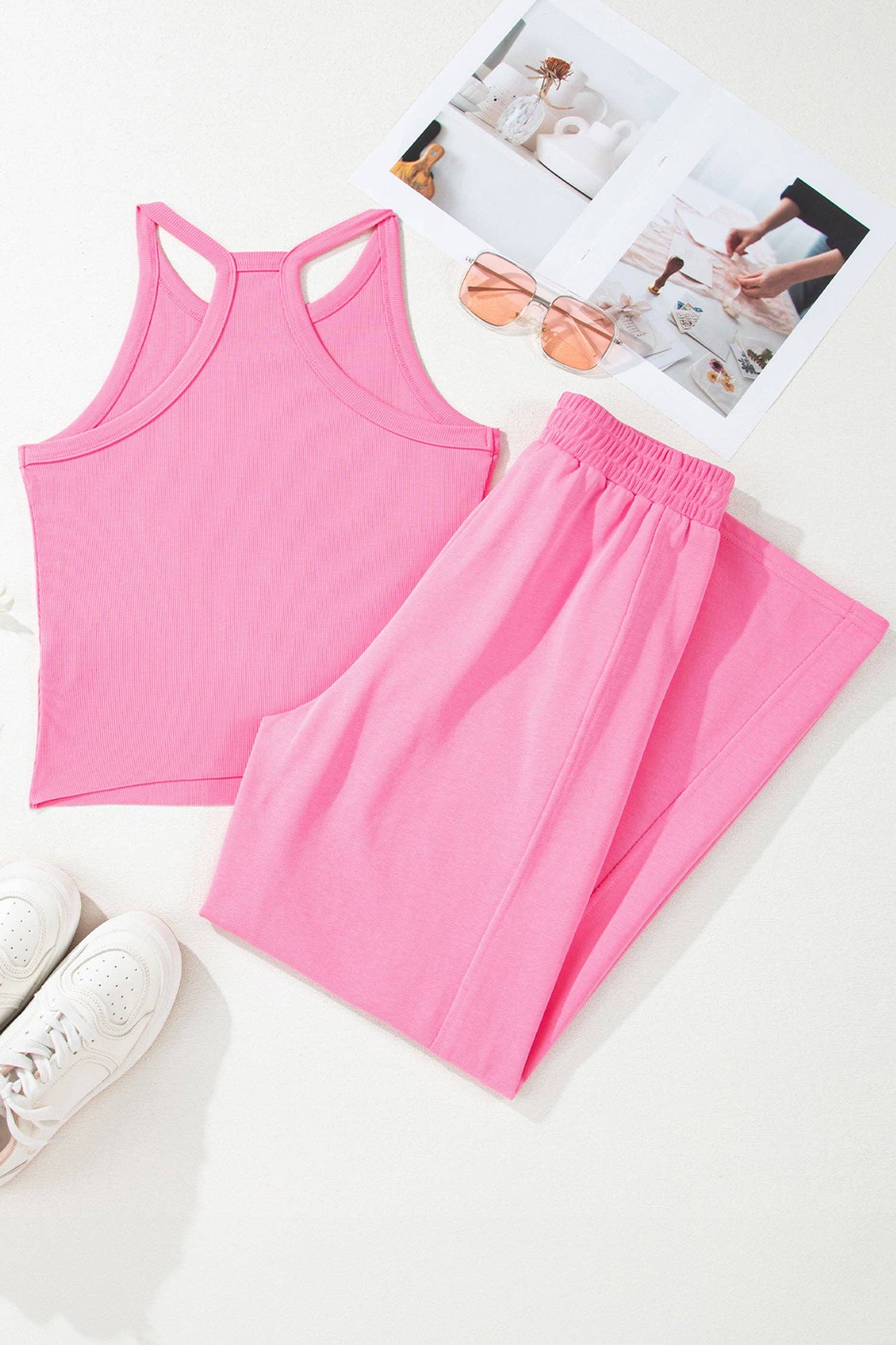 Ribbed Tank and Wide Leg Pants Lounge Set