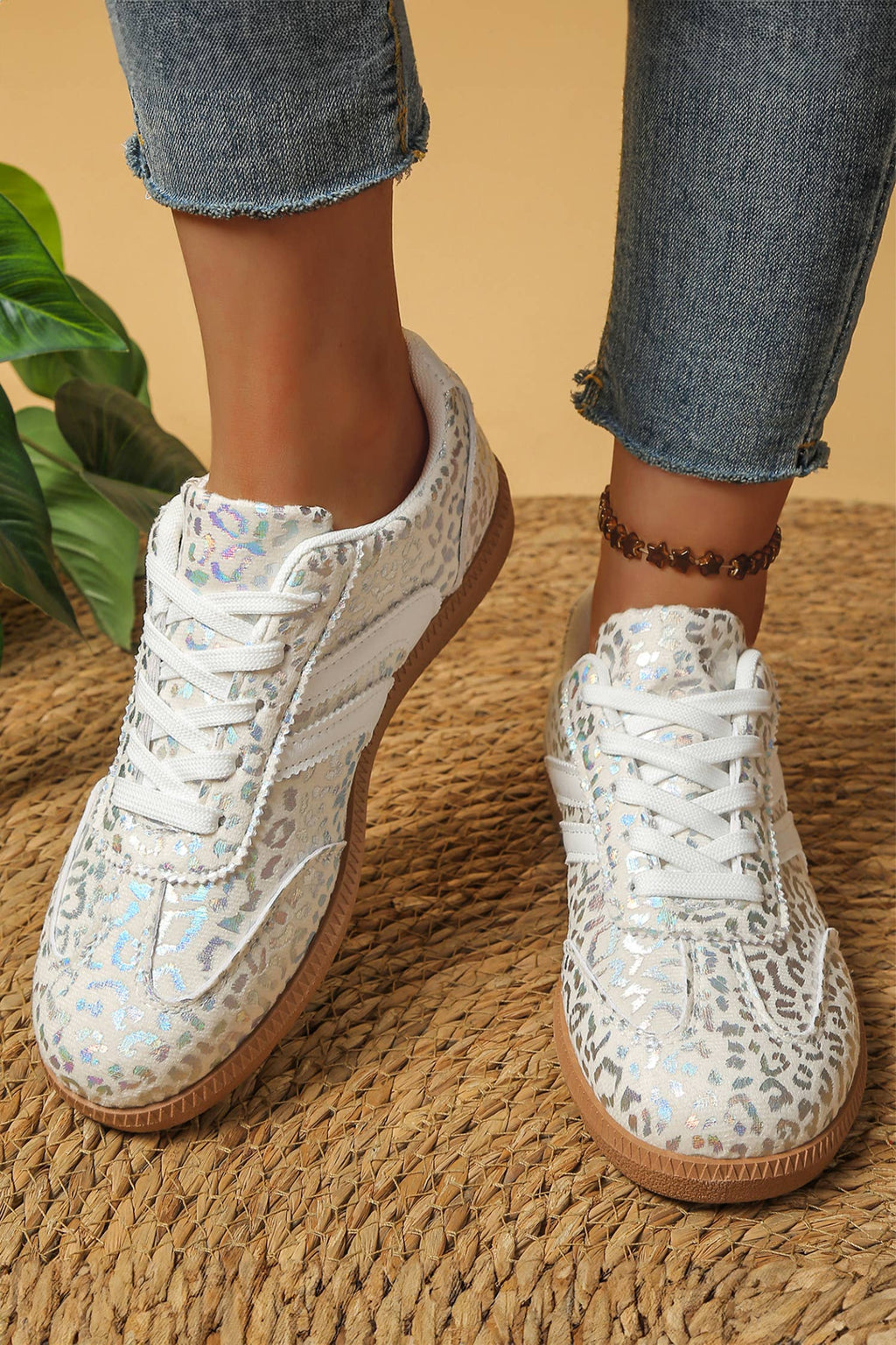 PU Leather Shimmer Leopard  Lace-up Sneakers