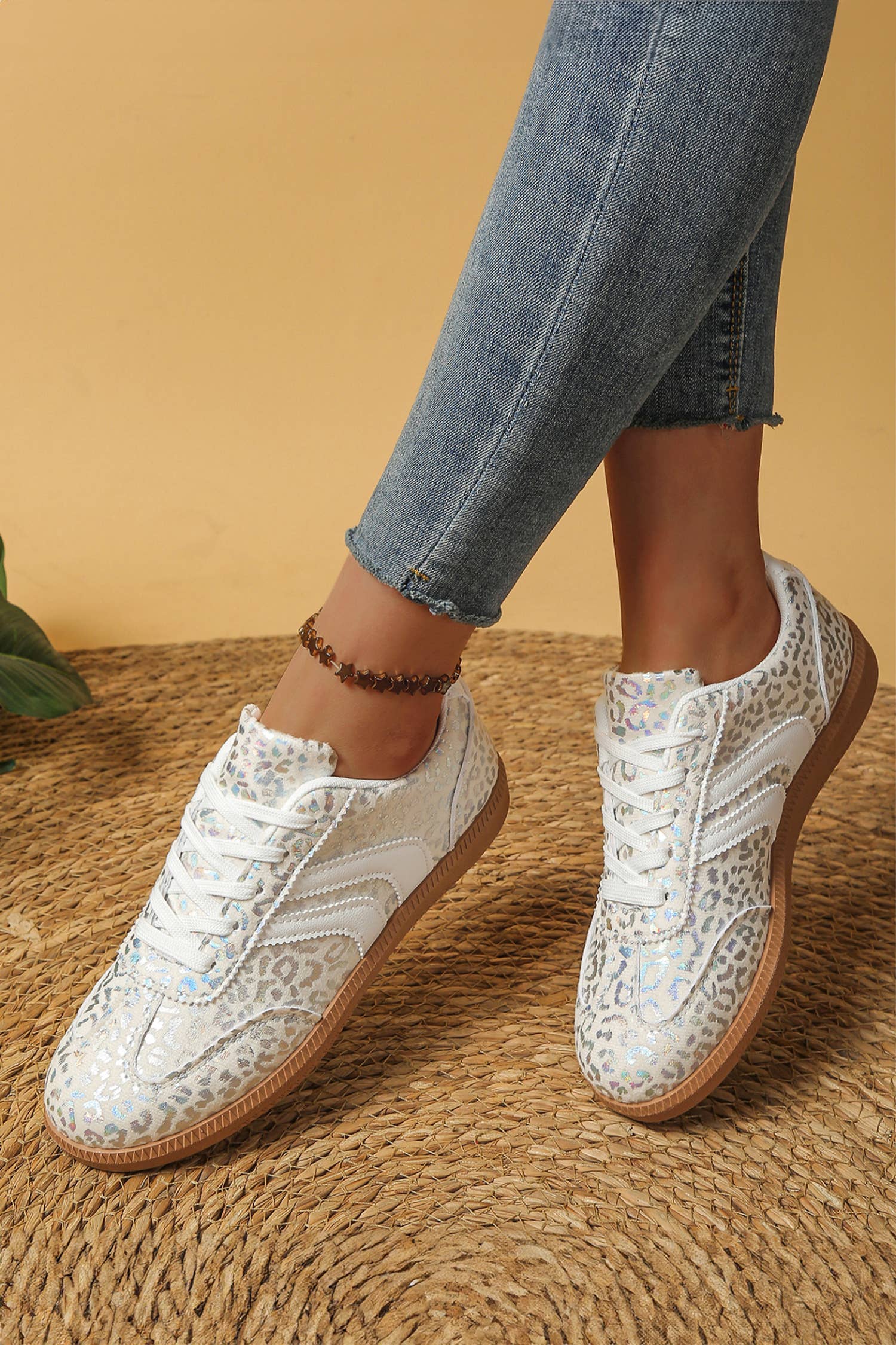 PU Leather Shimmer Leopard  Lace-up Sneakers