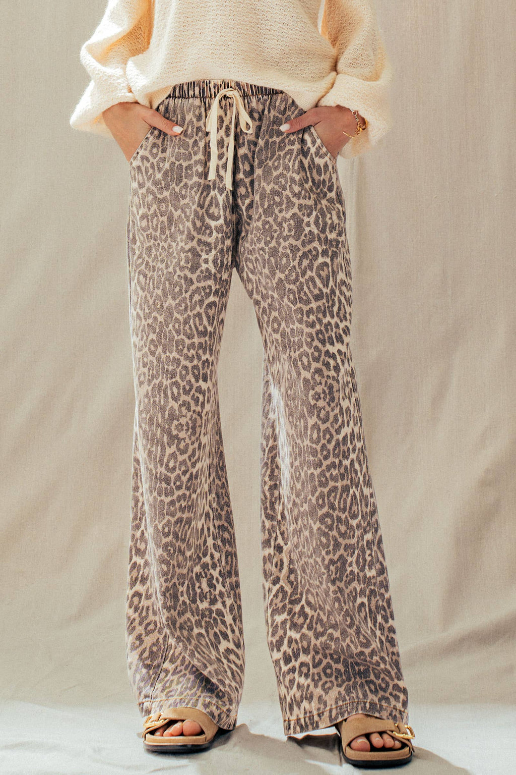 Leopard Print Wide Leg Drawstring Pants