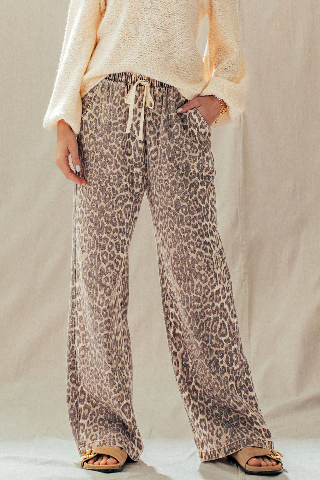 Leopard Print Wide Leg Drawstring Pants