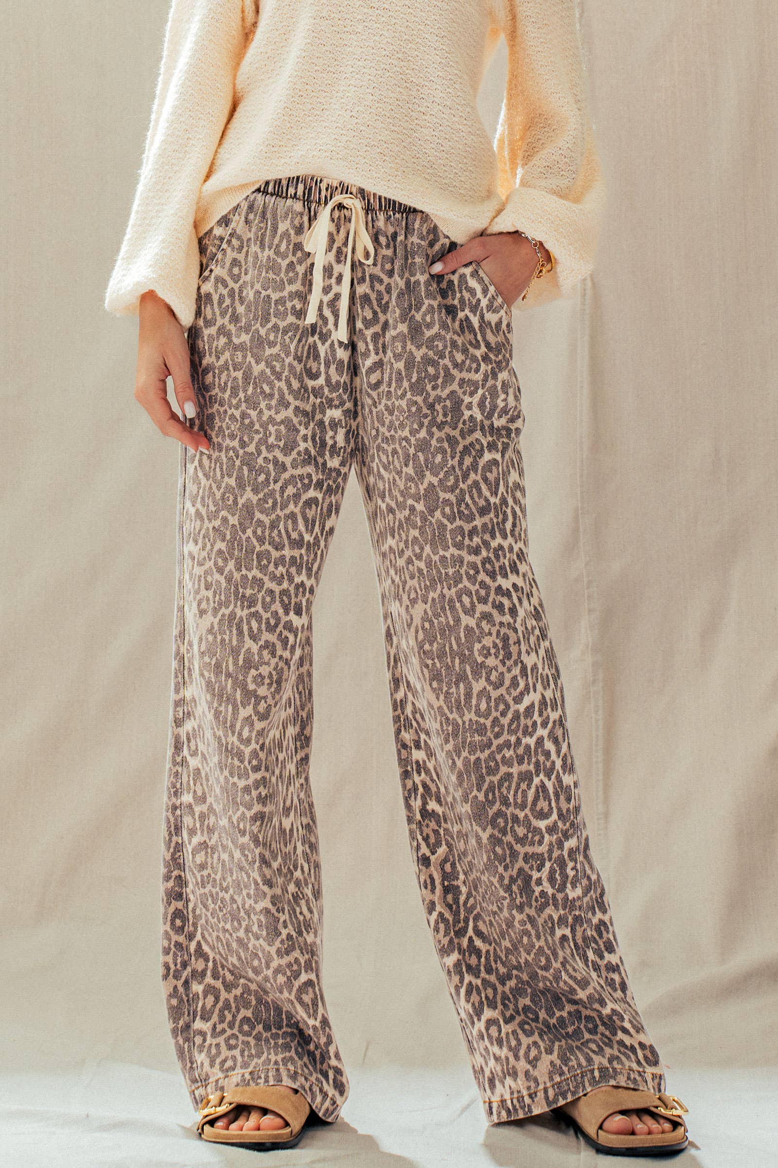 Leopard Print Wide Leg Drawstring Pants