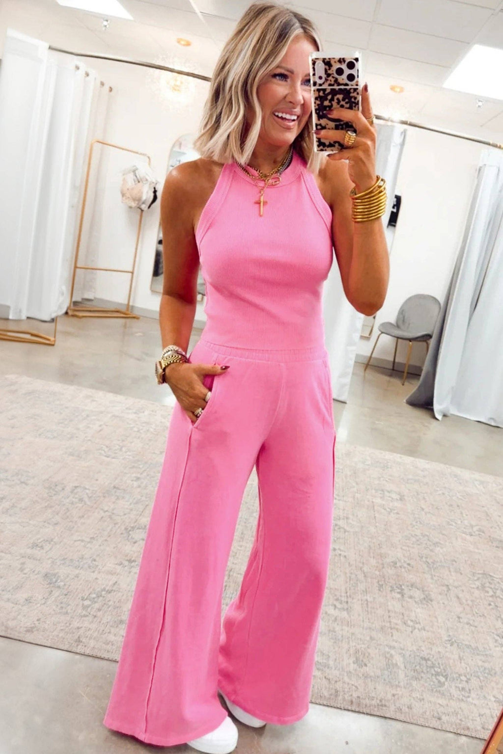 Ribbed Tank and Wide Leg Pants Lounge Set