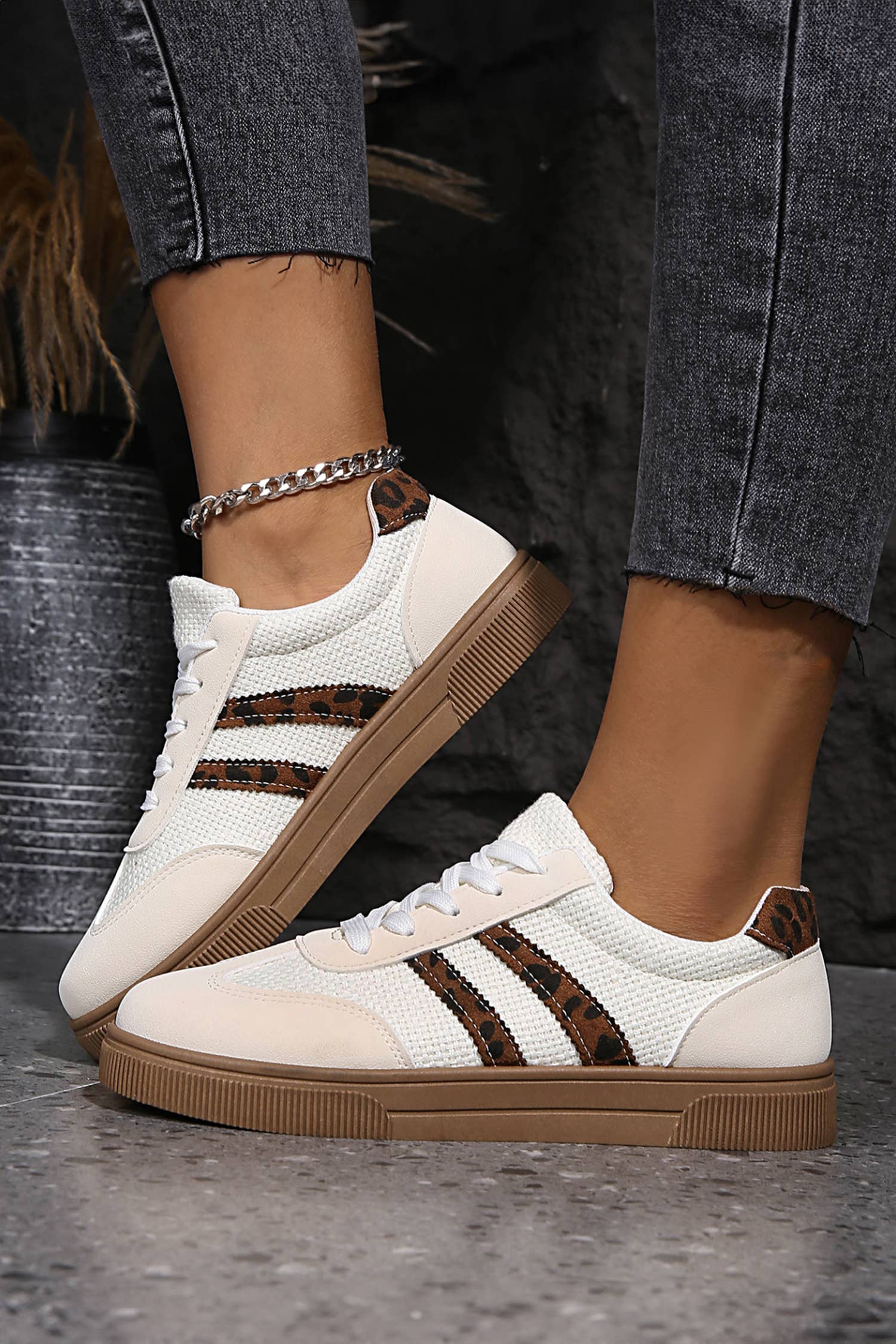 Leather Leopard Patchwork Flat Sneakers