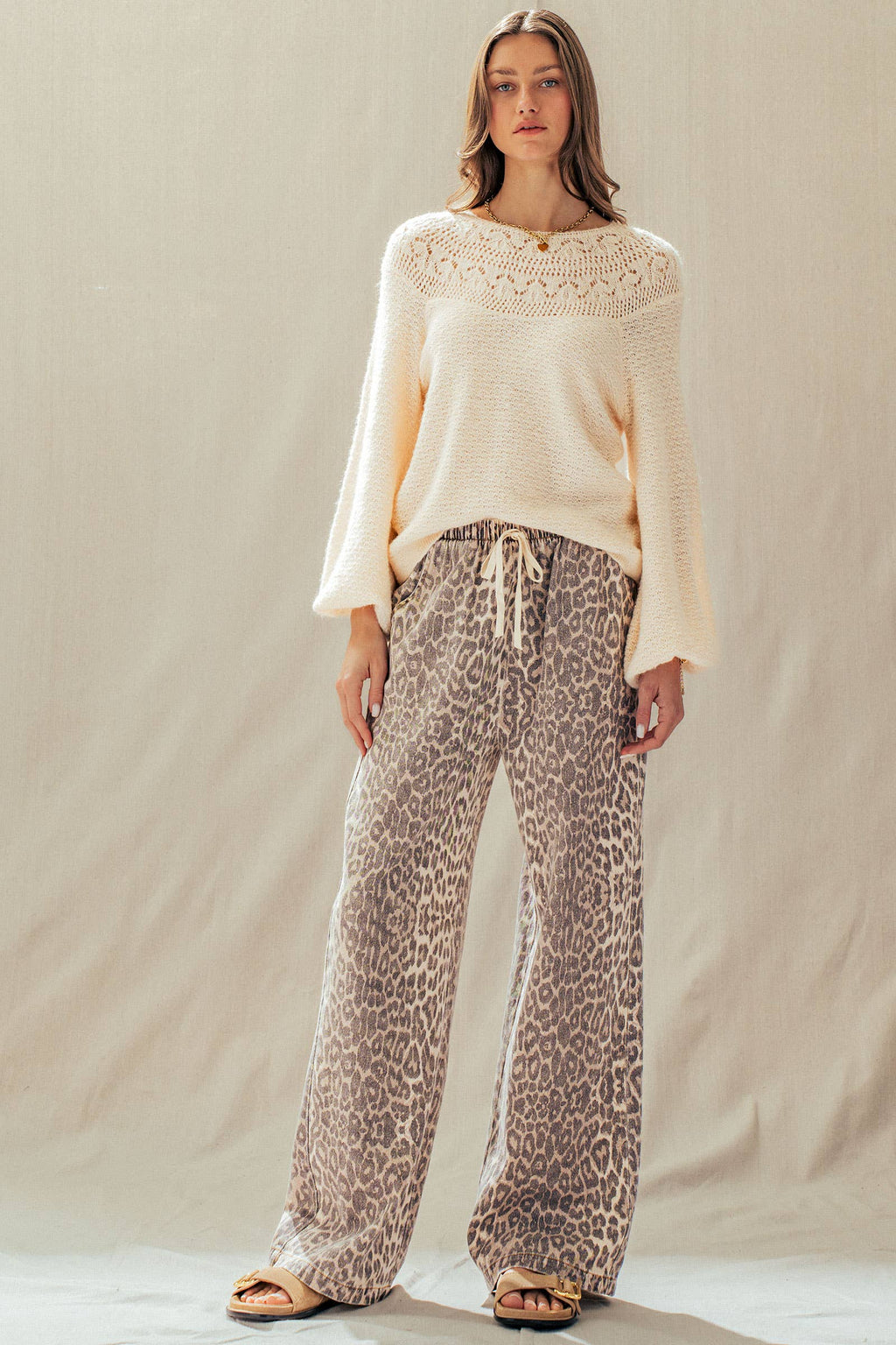 Leopard Print Wide Leg Drawstring Pants