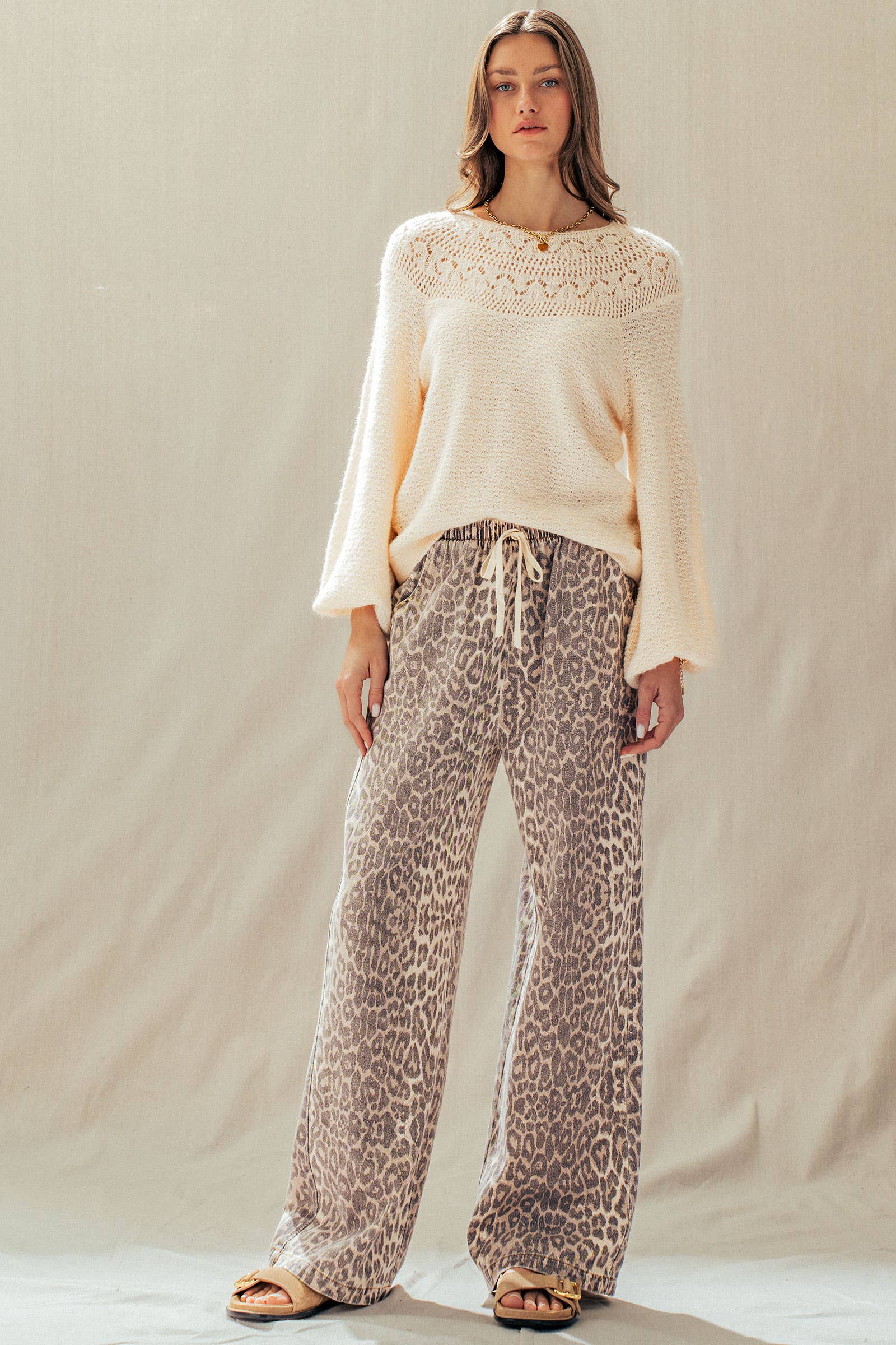 Leopard Print Wide Leg Drawstring Pants