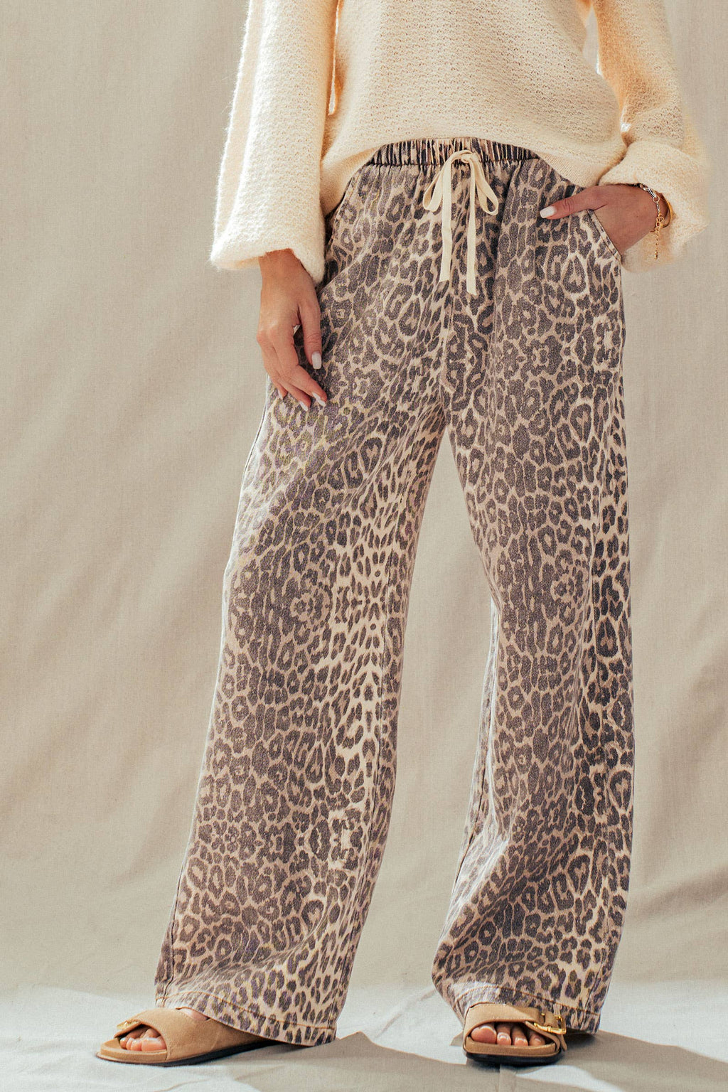 Leopard Print Wide Leg Drawstring Pants
