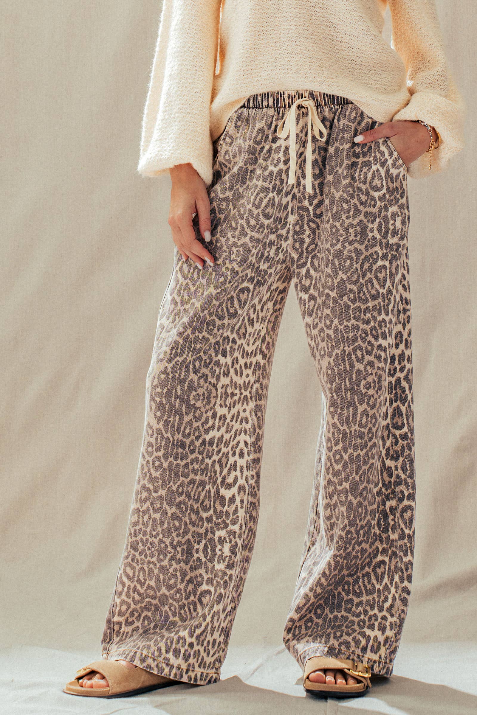 Leopard Print Wide Leg Drawstring Pants