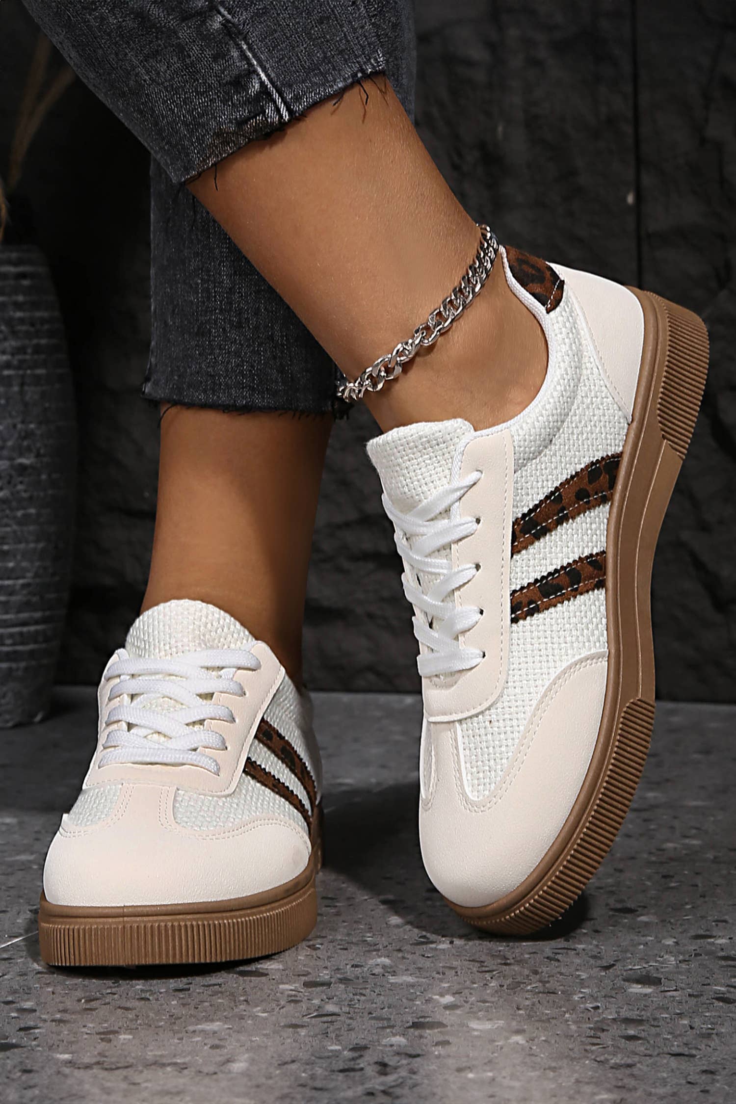 Leather Leopard Patchwork Flat Sneakers