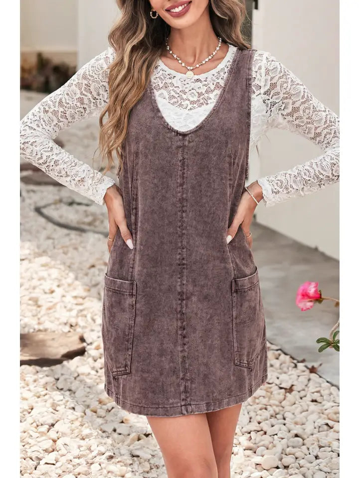 Vintage Washed Denim V Neck Suspender Mini Dress