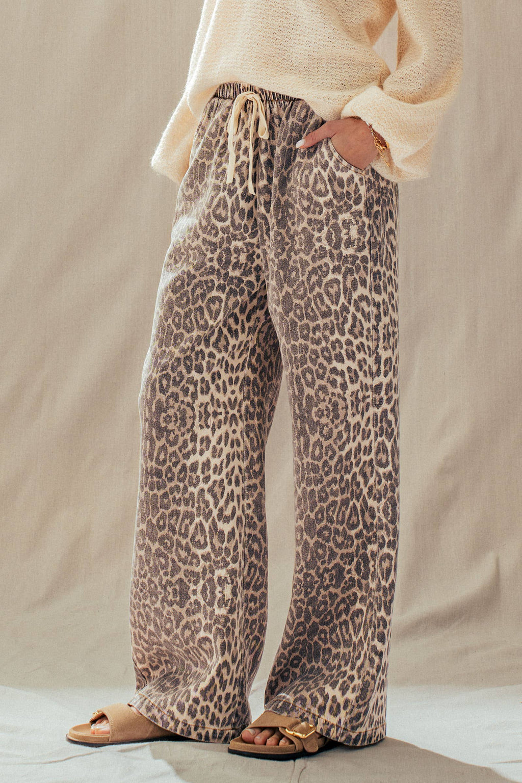 Leopard Print Wide Leg Drawstring Pants