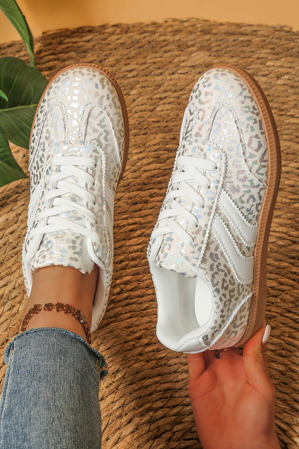 PU Leather Shimmer Leopard  Lace-up Sneakers