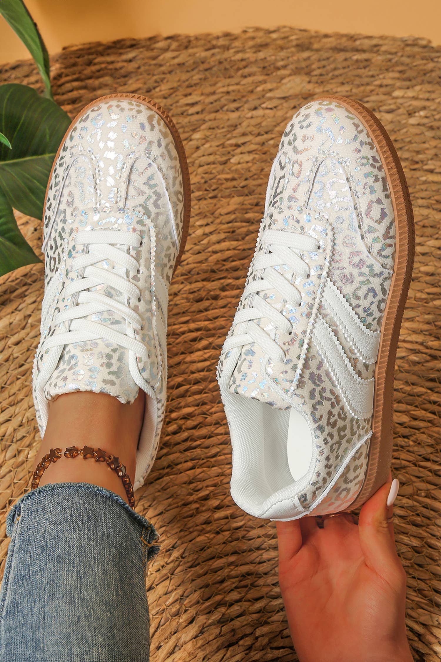 PU Leather Shimmer Leopard  Lace-up Sneakers